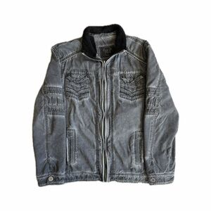 BKE Black Buckle Gray Canvas Jacket with Black Sherpa Collar — Size Large